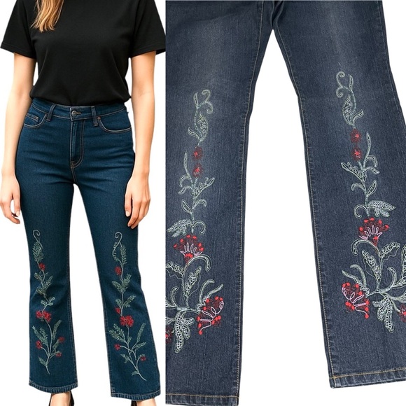 Vintage Gypsy Floral Embroidered Boho Jeans Dark Wash Flare - Picture 1 of 10